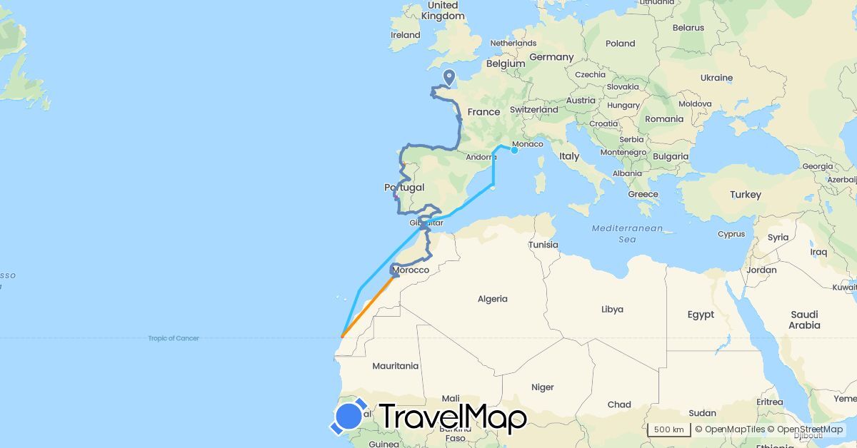 TravelMap itinerary: driving, cycling, train, hiking, boat, hitchhiking in Spain, France, Morocco, Portugal (Africa, Europe)